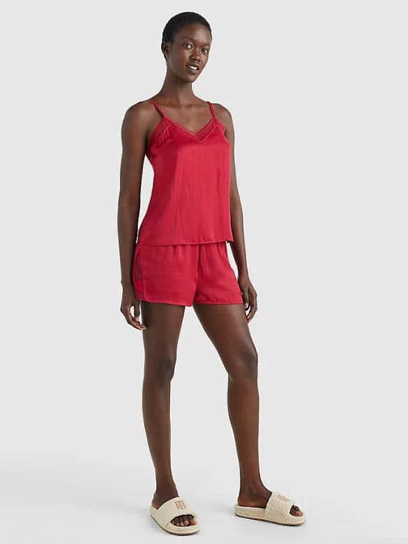 Luxusní saténové pyžamo Tommy Hilfiger UW0UW03848 DITSY LACE | vínová |